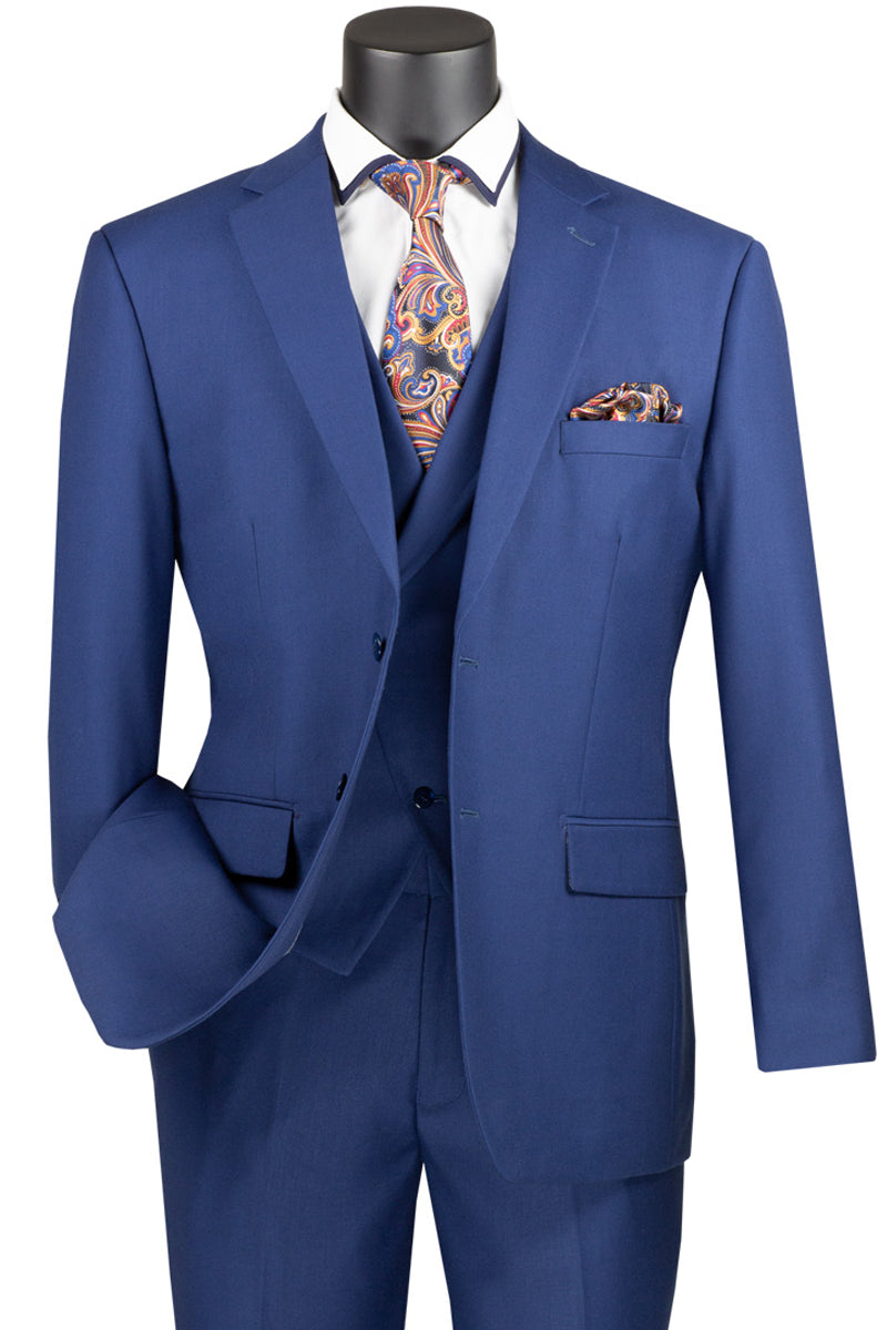 Men’s 2 Button Modern Fit Suit with Double Breasted Peak Lapel Vest in Navy Blue