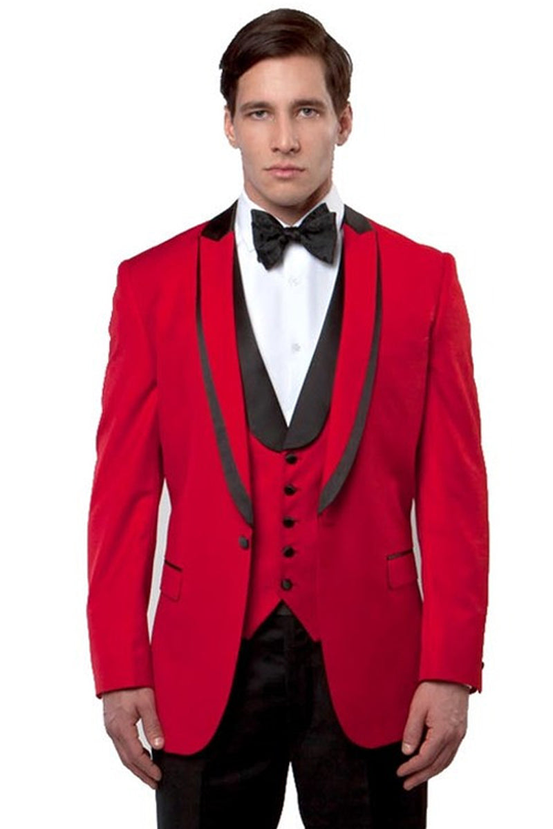 Men’s One Button Satin Trimmed Peak Lapel Vested Fancy Tuxedo in Red