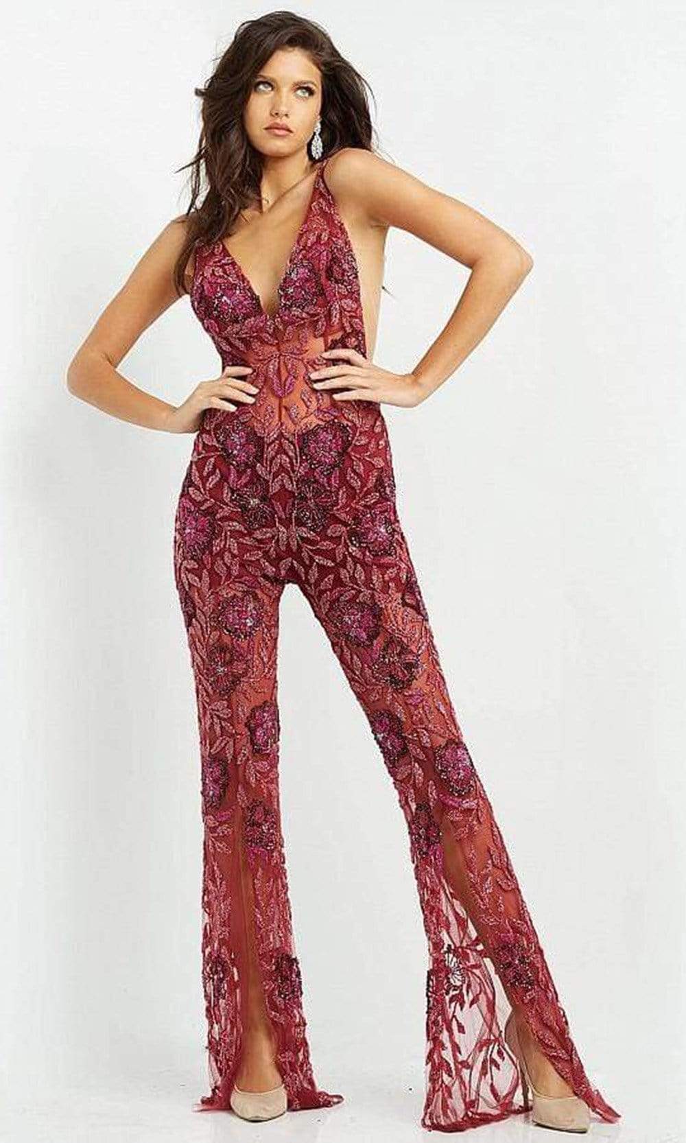04402 V Neck See Through Beaded Jumpsuit