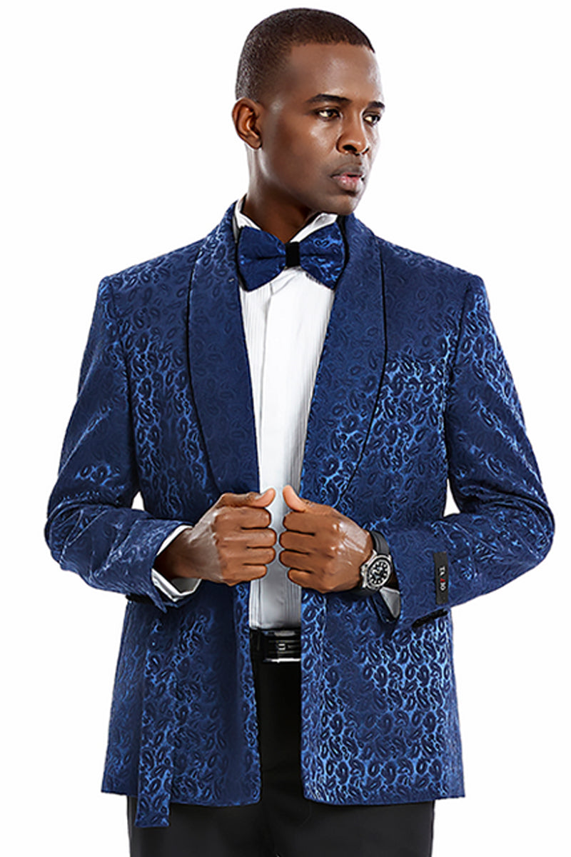 Men’s Slim Fit Double Breasted Smoking Jacket Prom & Wedding Tuxedo in Navy Blue Paisley