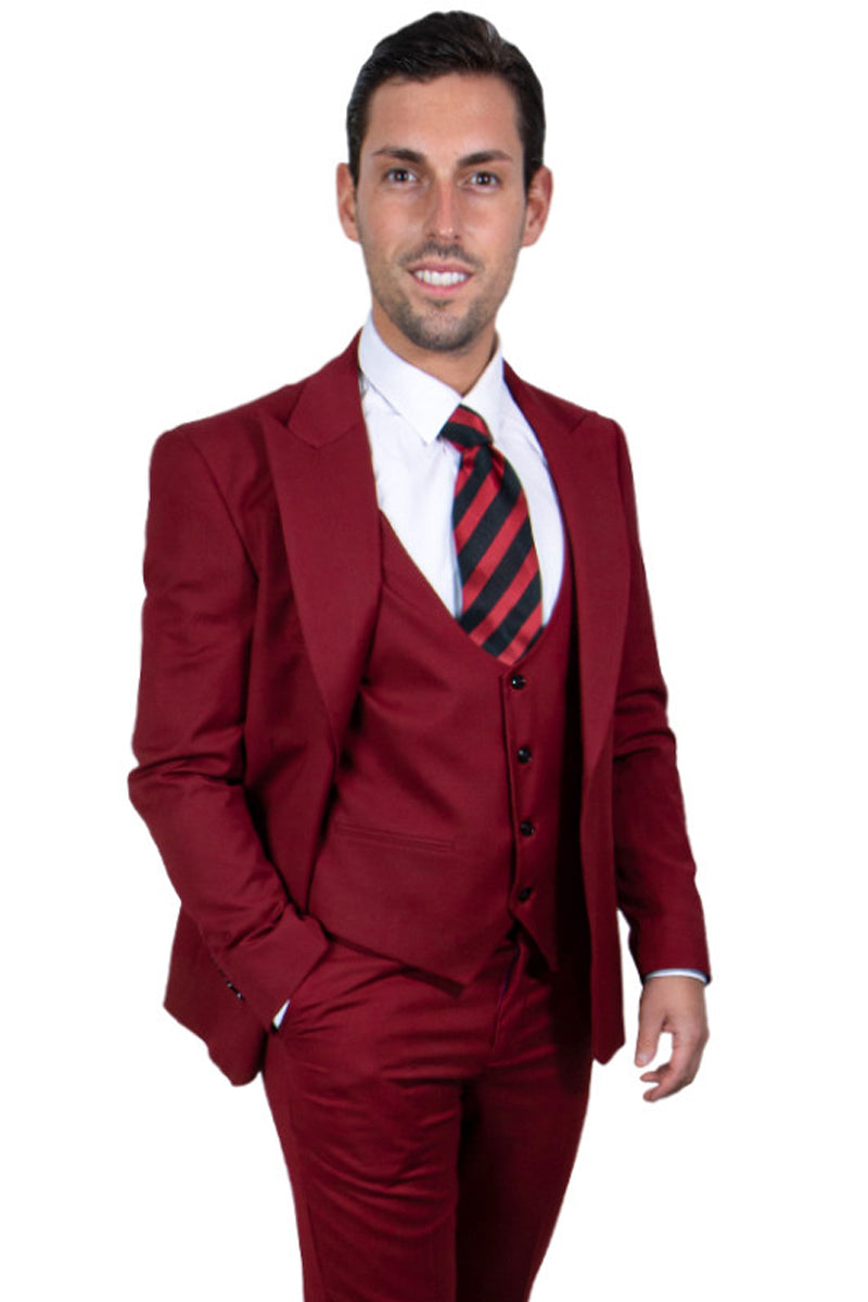 Men’s Vested One Button Peak Lapel Stacy Adams Suit in Cherry Red