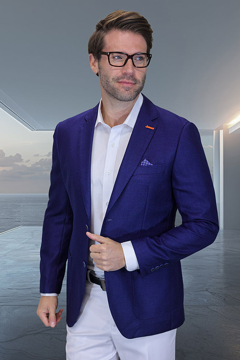 Men’s Modern Fit Patch Pocket Designer Wool Summer Blazer in Sapphire Blue Windowpane Plaid