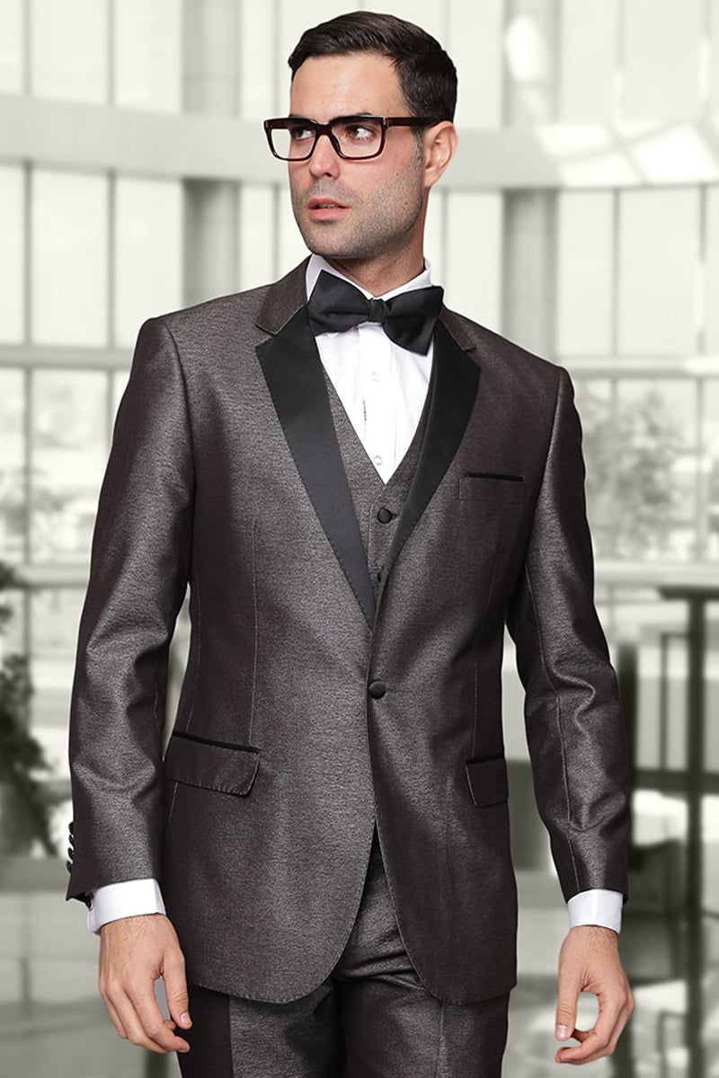 Men’s One Button Vested Shiny Sharkskin Wool Tuxedo in Grey
