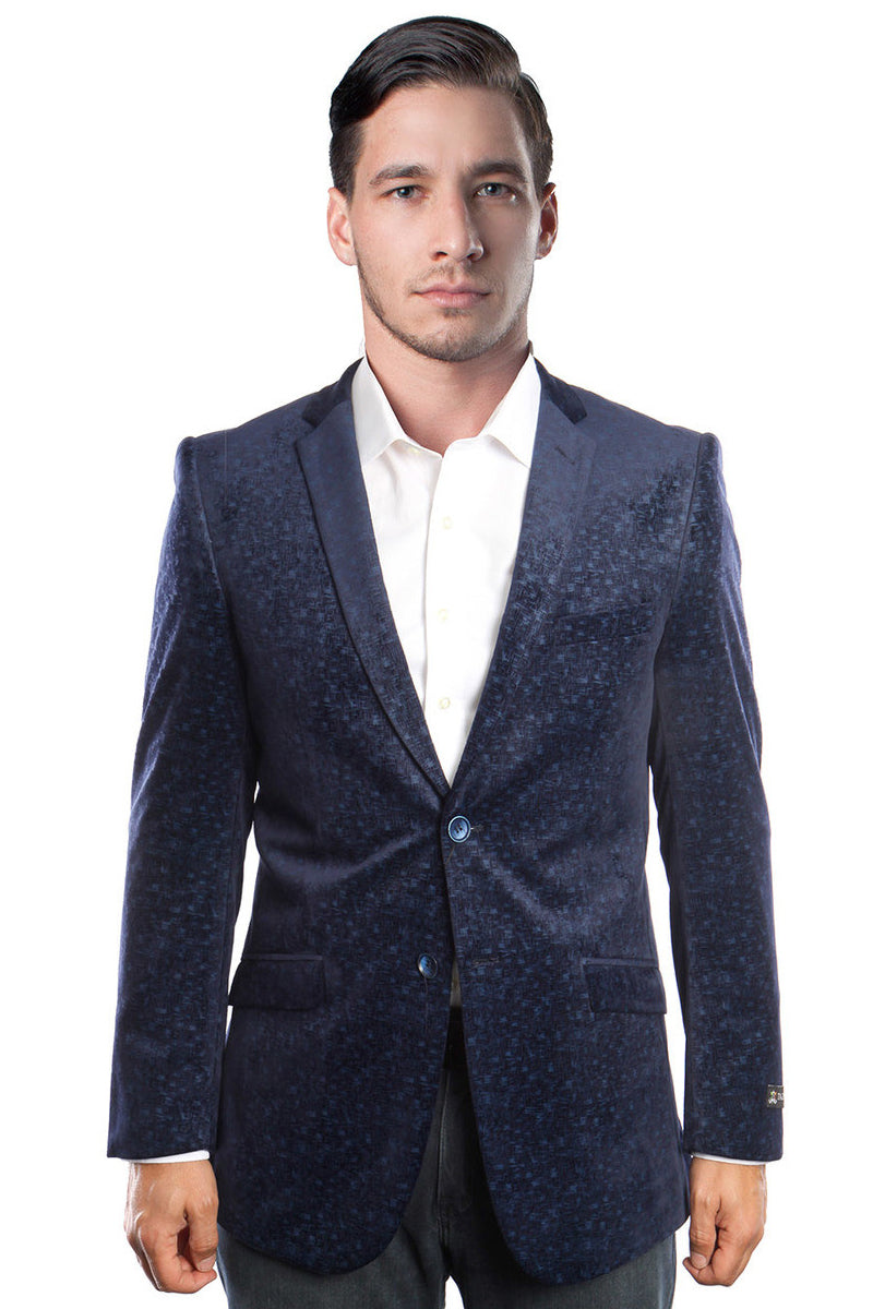 Men’s Two Button Weave Pattern Velvet Blazer in Navy Blue