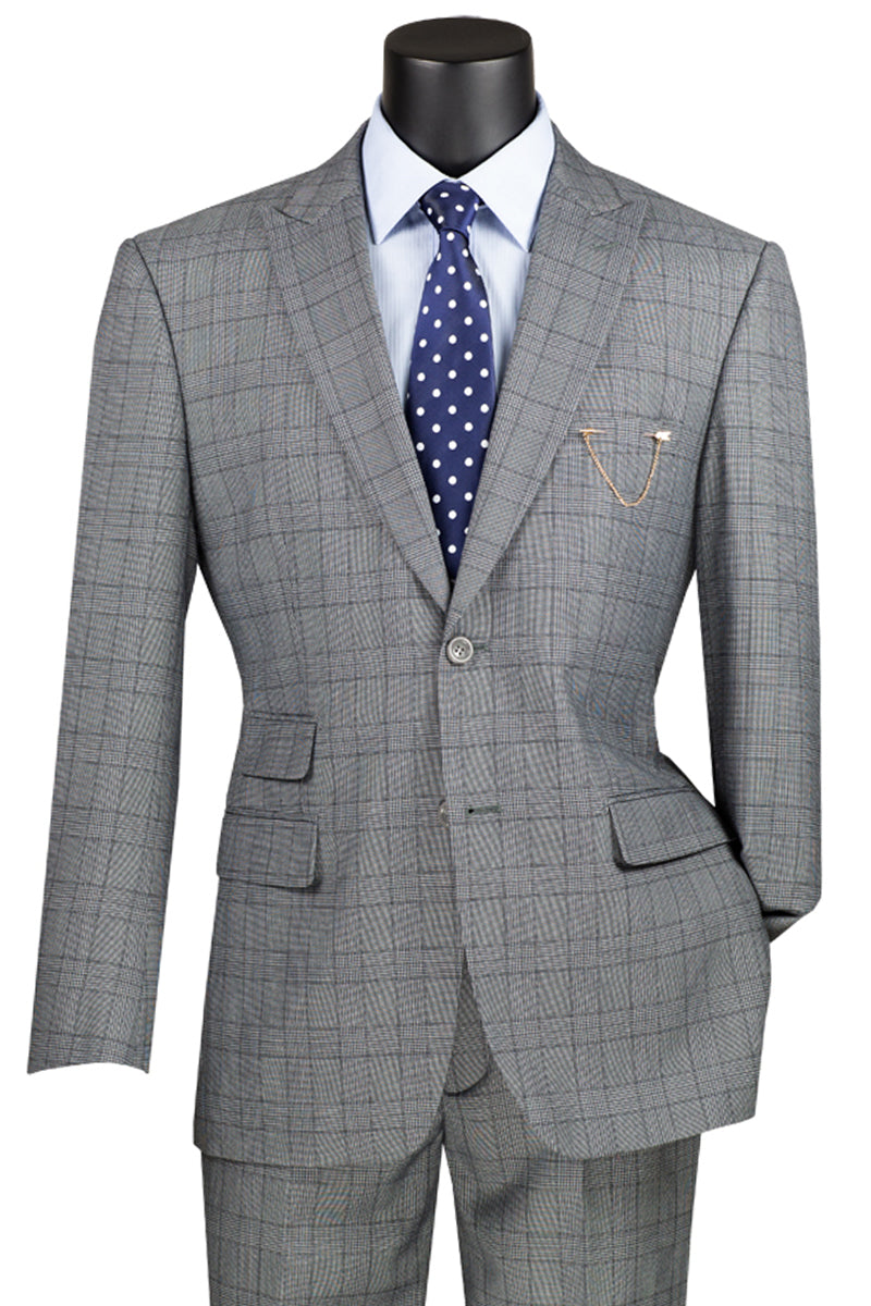 Men’s Two Button Modern Fit Peak Lapel Plaid Suit in Medium Grey