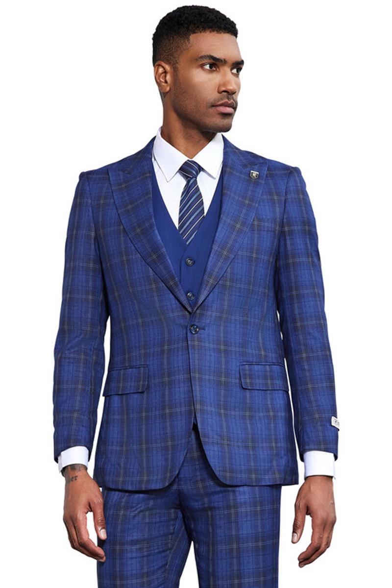 Men’s Stacy Adams Bold Windowpane Plaid Print Vested Suit in Midnight Blue