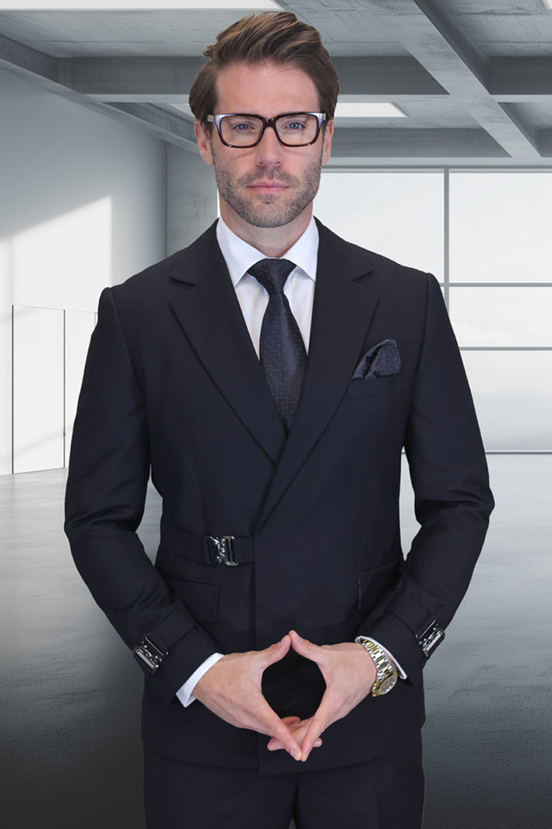 Men’s Designer Double Breasted Wool Suit with Buckle Closure in Black