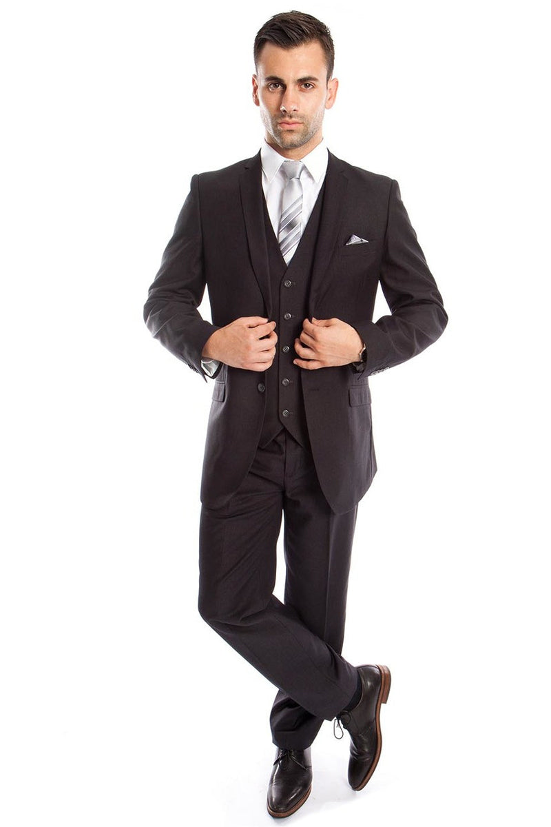 Men’s Two Button Slim Fit Basic Vested Wedding Suit in Charcoal Grey