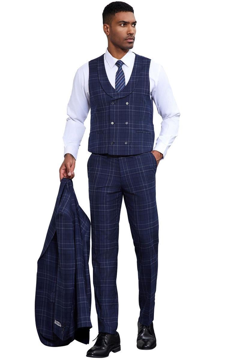 Men’s Stacy Adams Vested Two Button Double Windowpane Plaid Suit in Navy