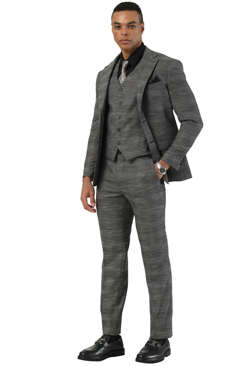 Men’s Stacy Adams Vested Sharkskin Pattern Business Suit in Charcoal Grey