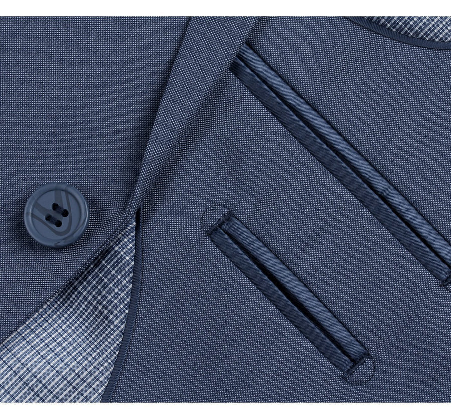 Mens Basic Two Button Slim Fit Suit in Midnight Blue Birdseye