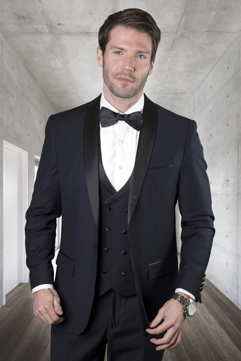 Men’s Designer Wool Shawl Tuxedo with Double Breasted Vest in Navy Blue