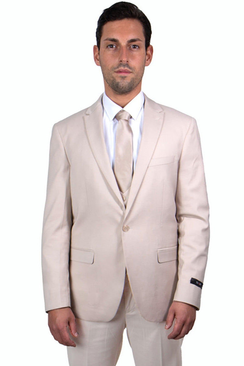 Men’s One Button Peak Lapel Skinny Wedding & Prom Suit with Lowcut Vest in Tan