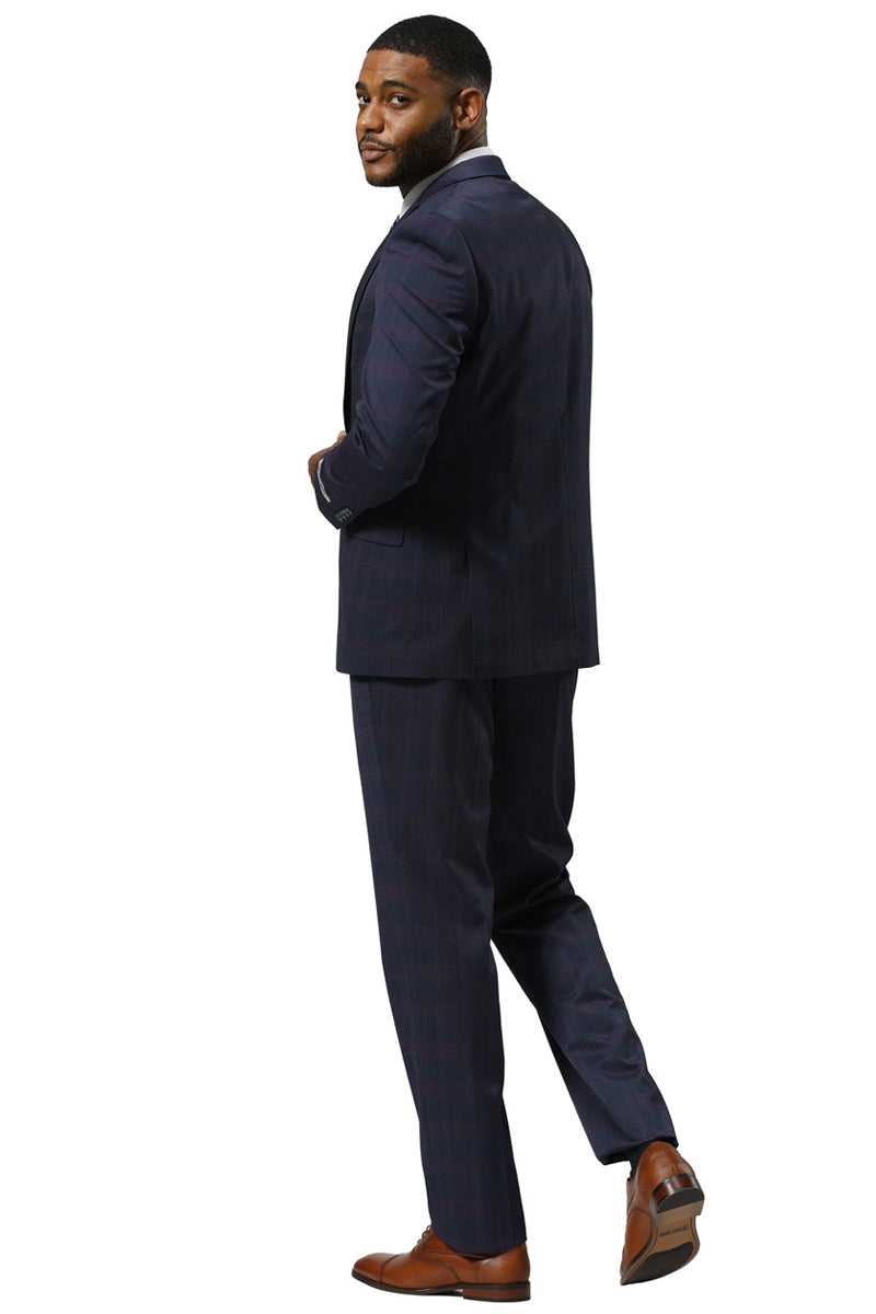 Men’s Stacy Adams One Button Vested Peak Lapel Suit in Navy Glen Plaid