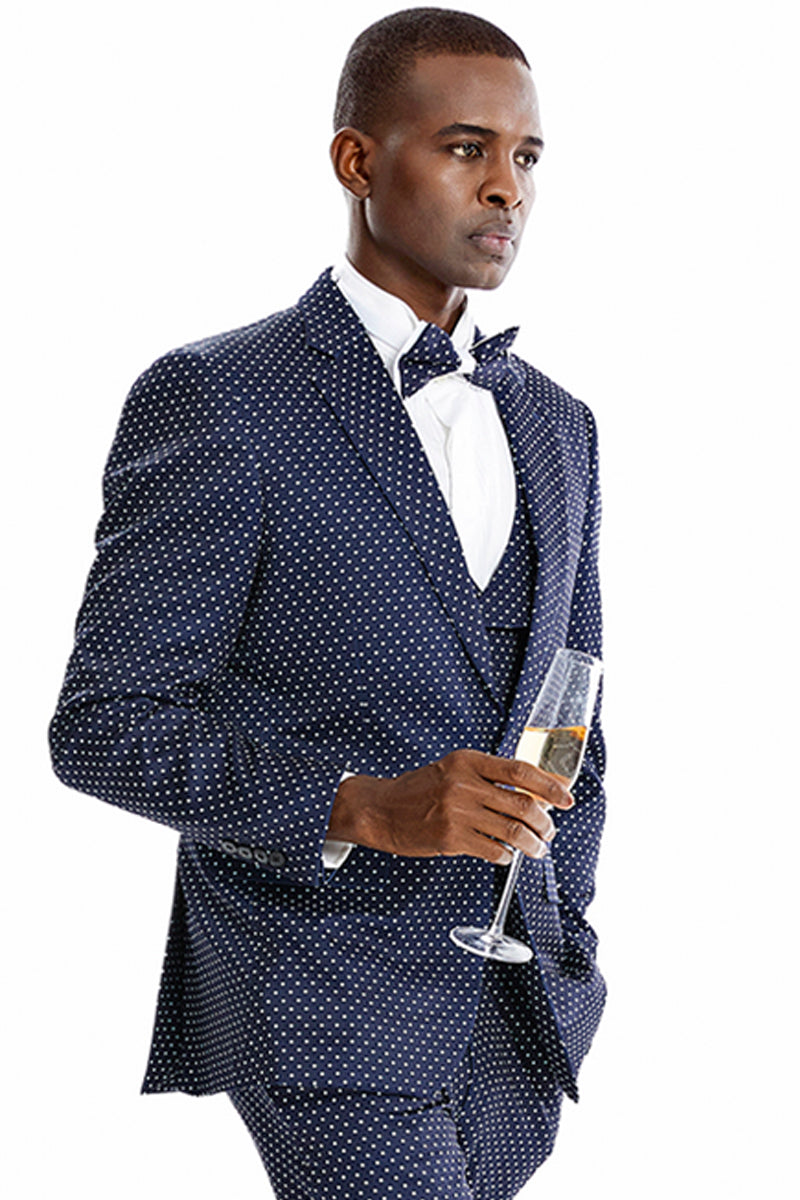 Men’s One Button Vested Mini Polka Dot Prom Suit in Navy Blue & White