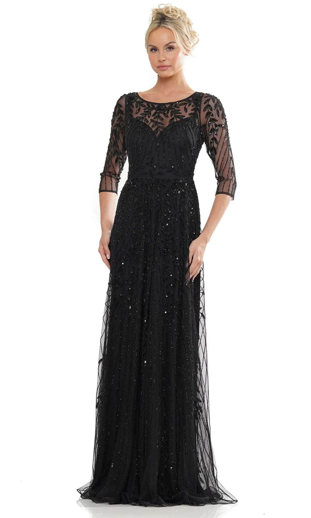 Sheer Quarter Sleeve Embellished Evening Dress