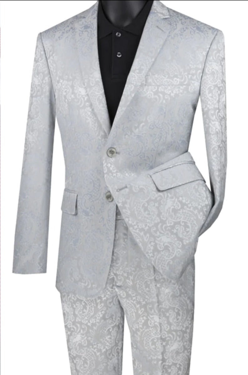 Men’s Slim Fit Shiny Paisley Prom & Wedding Suit in Silver Grey
