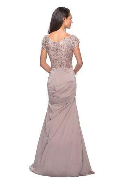 26806 Short Sleeve Embroidered Bodice Ruched Mermaid Gown