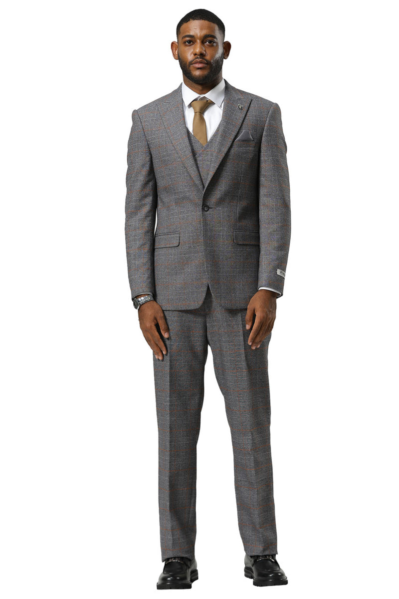 Men’s Stacy Adams One Button Peak Lapel Suit With Double Breasted Vest in Grey Glen Plaid