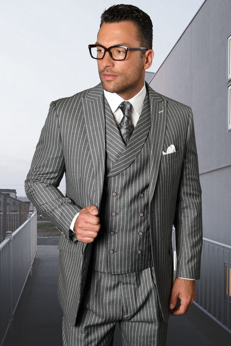 Men’s Designer Wool Pleated Pant Vested Suit in Bold Grey Gangster Pinstripe