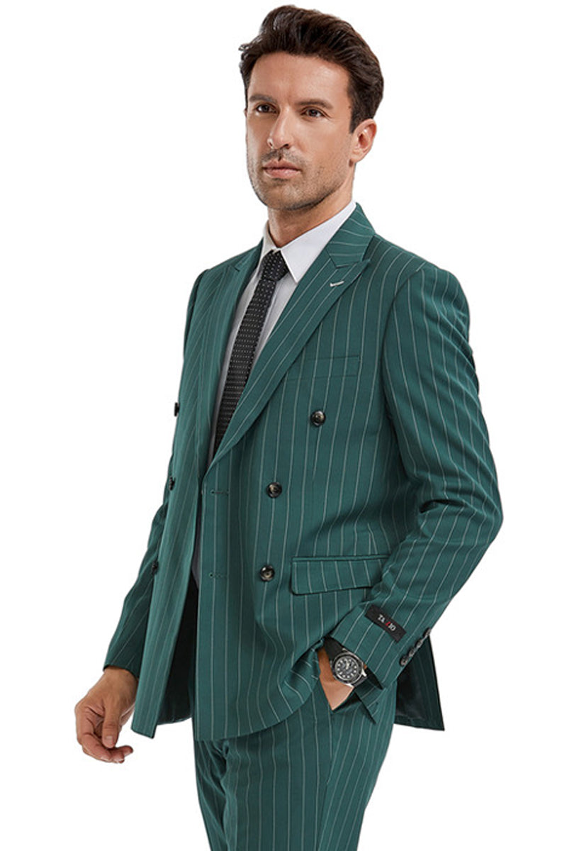 Men’s Slim Fit Double Breasted Bold Gangster Pinstripe Suit in Hunter Green