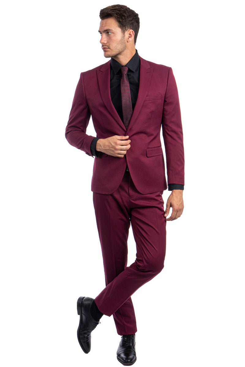 Men’s One Button Peak Lapel Basic Slim Fit Suit in Burgundy