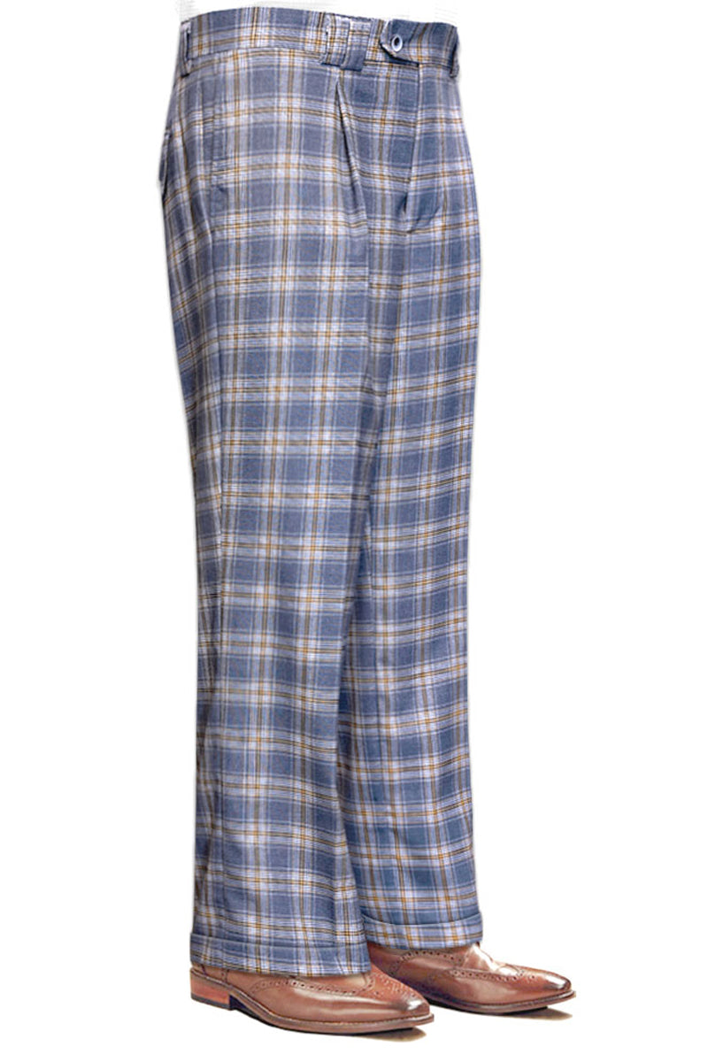 Men’s Designer Wool Pleated Wide Leg Dress Pants in Grey & Blue Plaid