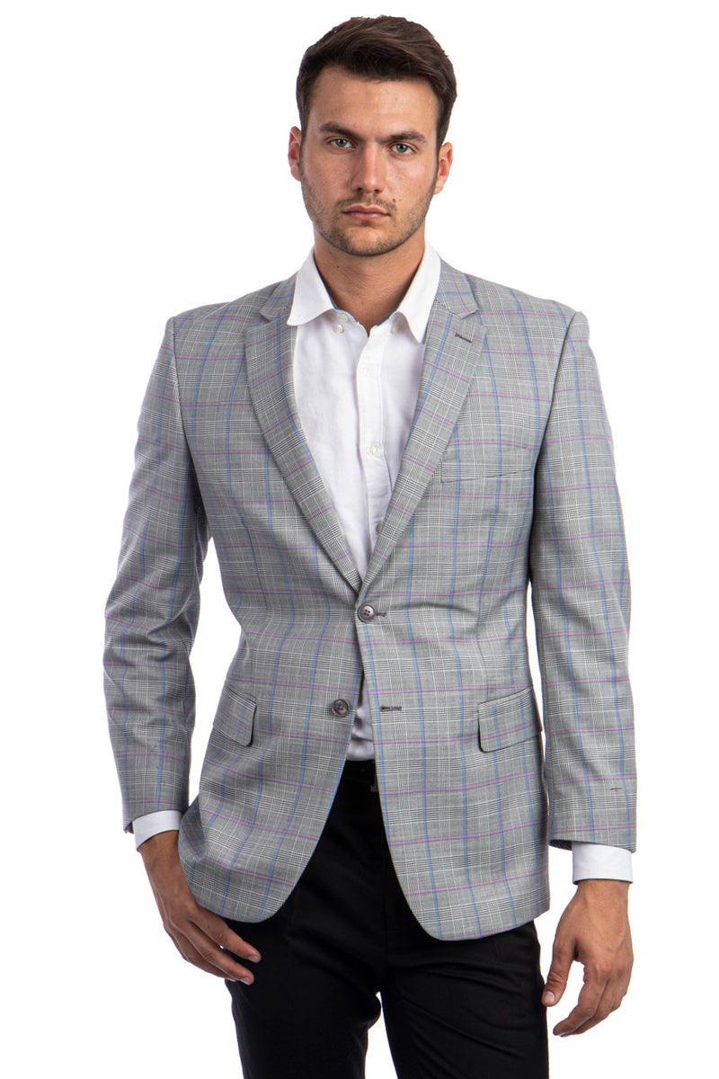 Men’s Two Button Regular Fit Sport Coat in Light Grey with Blue & Pink Windowpane Plaid