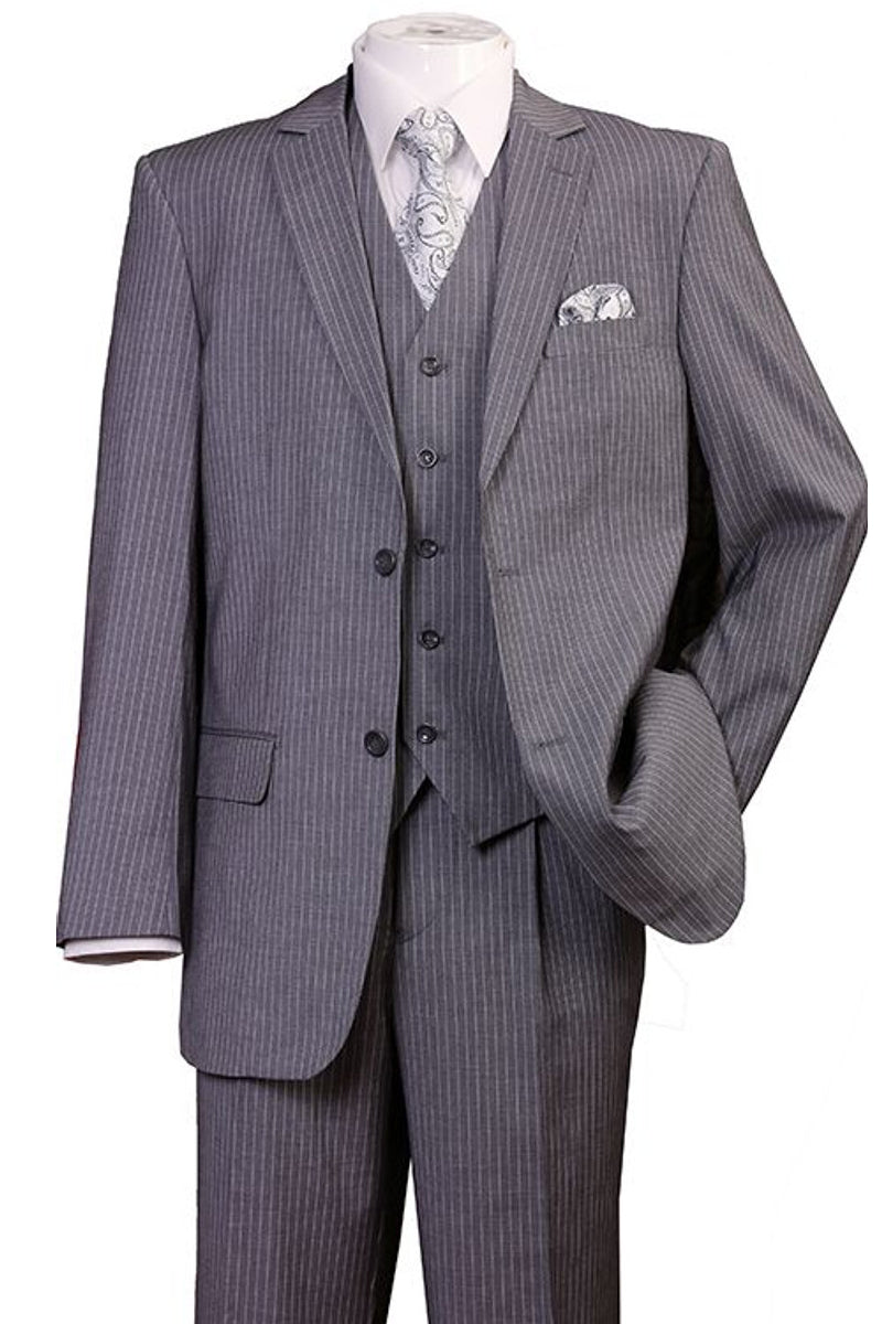 Mens 2 Button Vested 1920’s Bold Gangster Pinstripe Suit in Grey