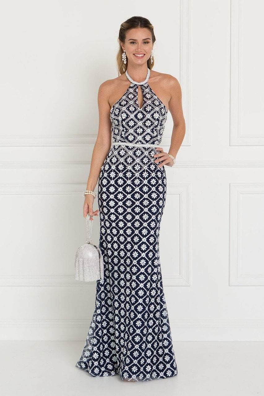 Halter Floral Beaded Evening Dress