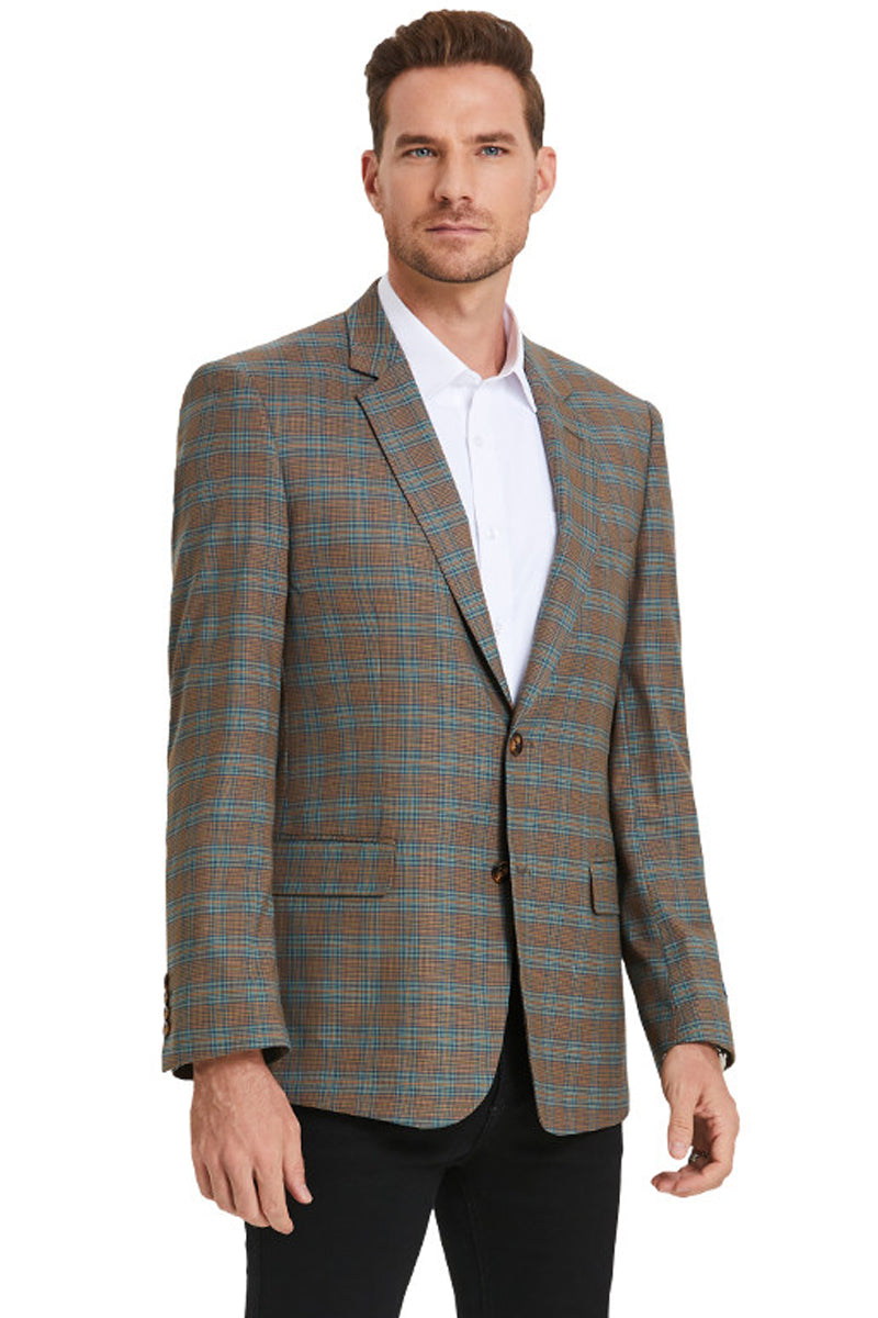 Men’s Two Button Business Casual Double Windowpane Sport Coat in Dark Camel Bronze & Teal