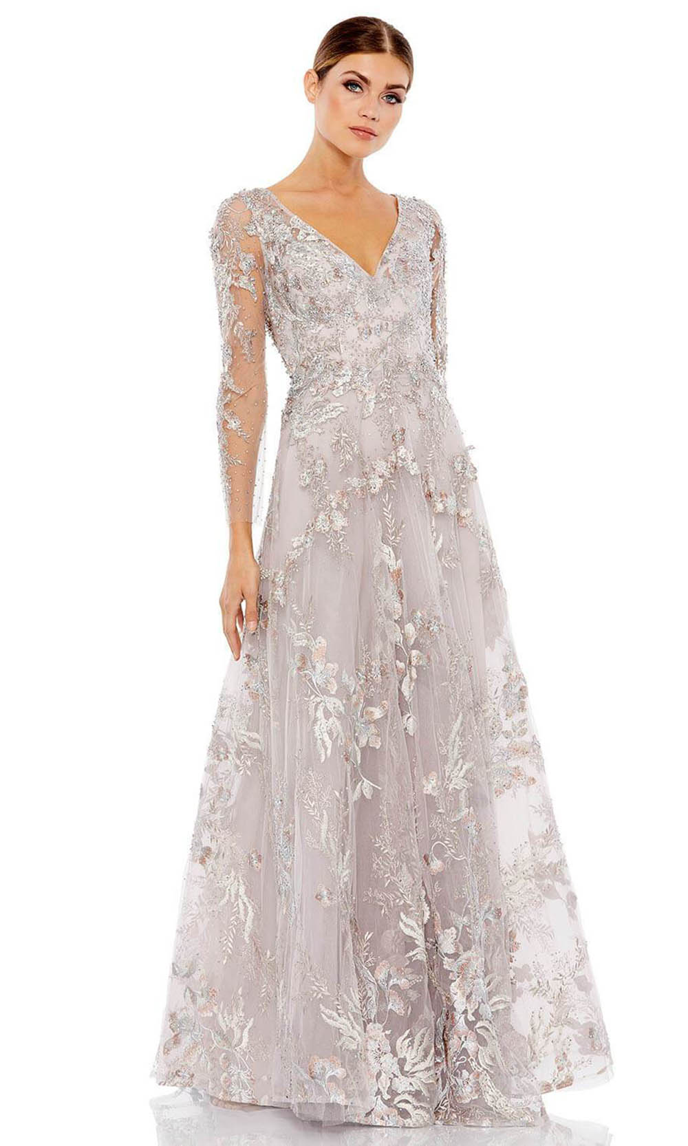20245 Sheer Sleeve Beaded A-line Gown