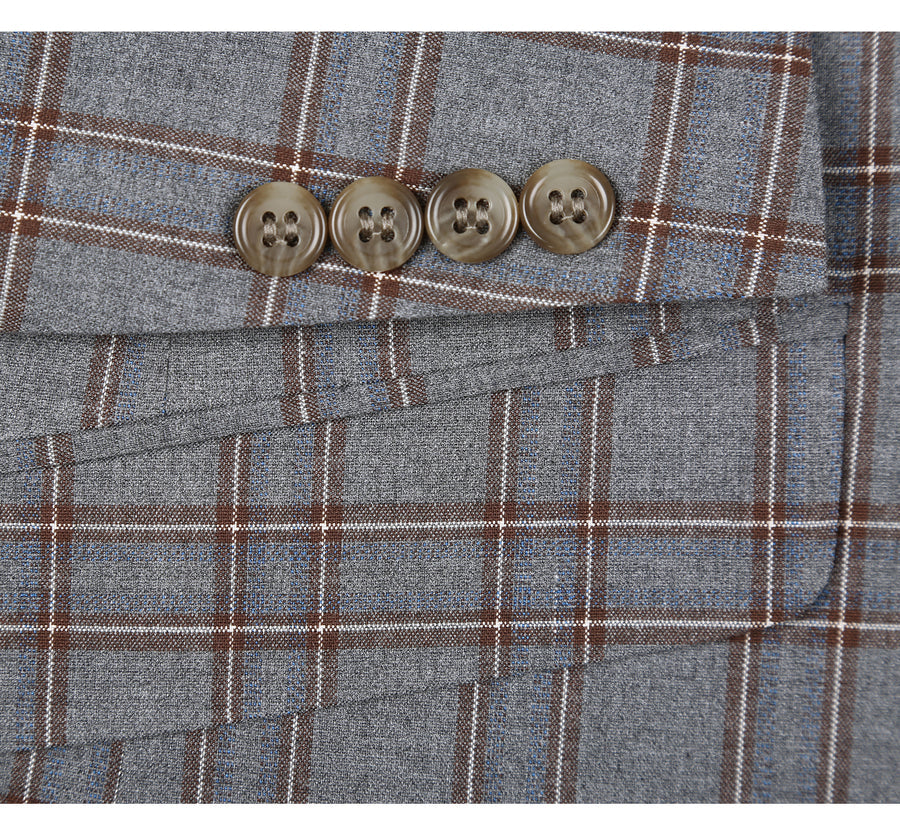 Mens Two Button Slim Fit Two Piece Suit in Grey & Bronze Windowpane Plaid