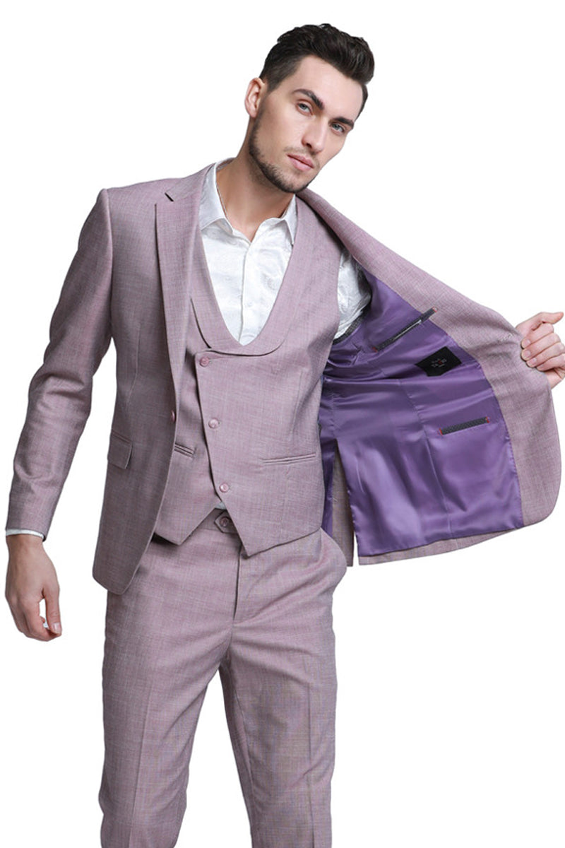 Men’s One Button Double Breasted Vest Slim Fit Sharkskin Wedding Suit in Rose Pink