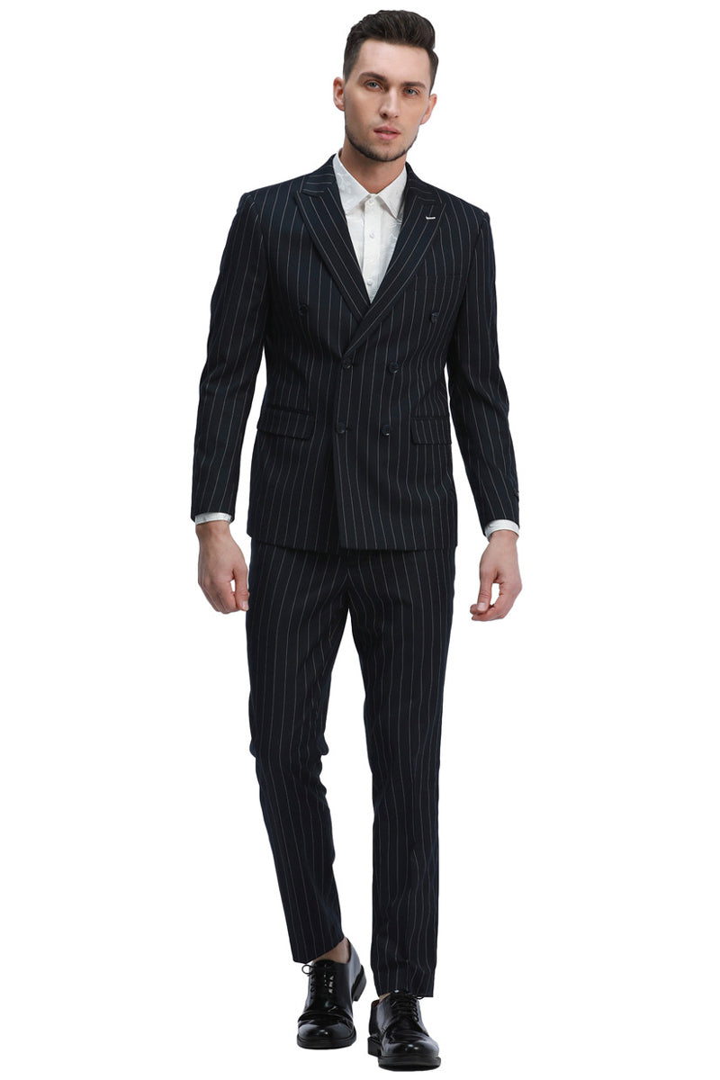 Men’s Slim Fit Double Breasted Bold Gangster Pinstripe Suit in Black