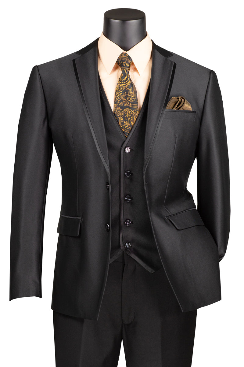 Men’s Vested Slim Fit Shiny Sharkskin Wedding & Prom Tuxedo Suit in Black