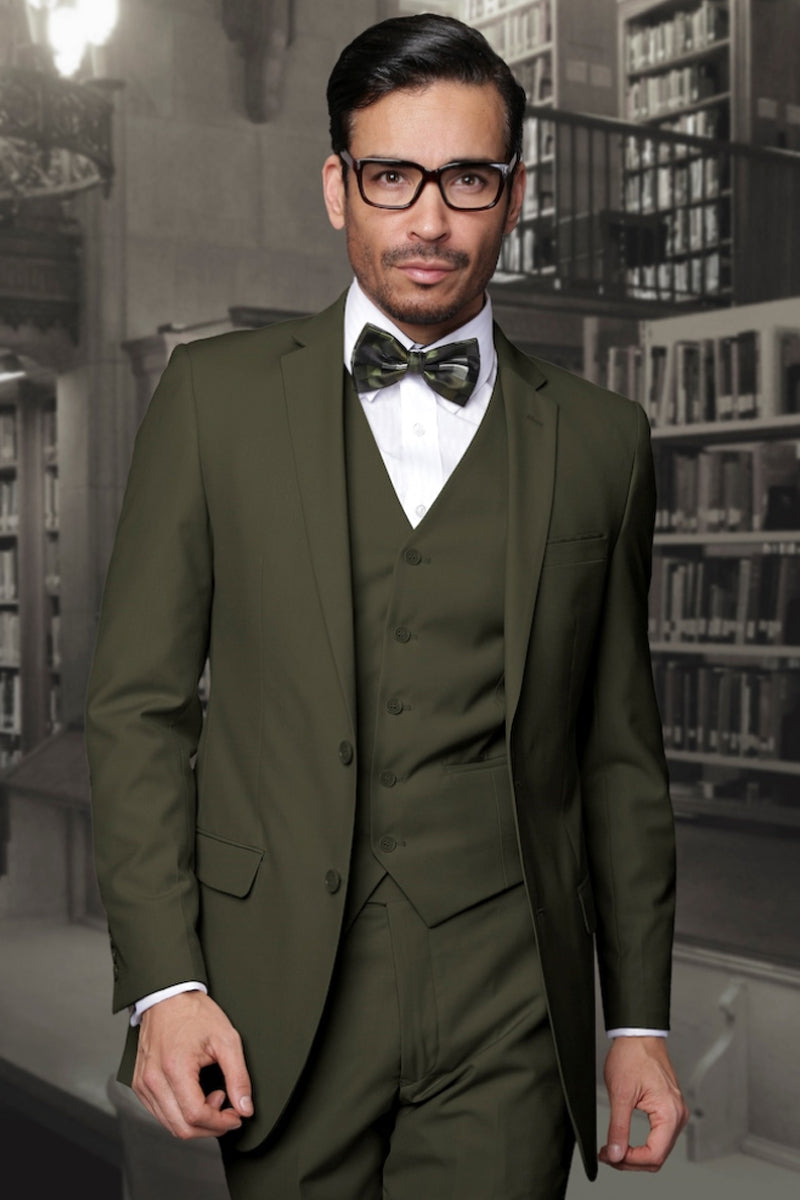 Men’s Designer Slim Fit Vested Wool Wedding Suit in Olive Green
