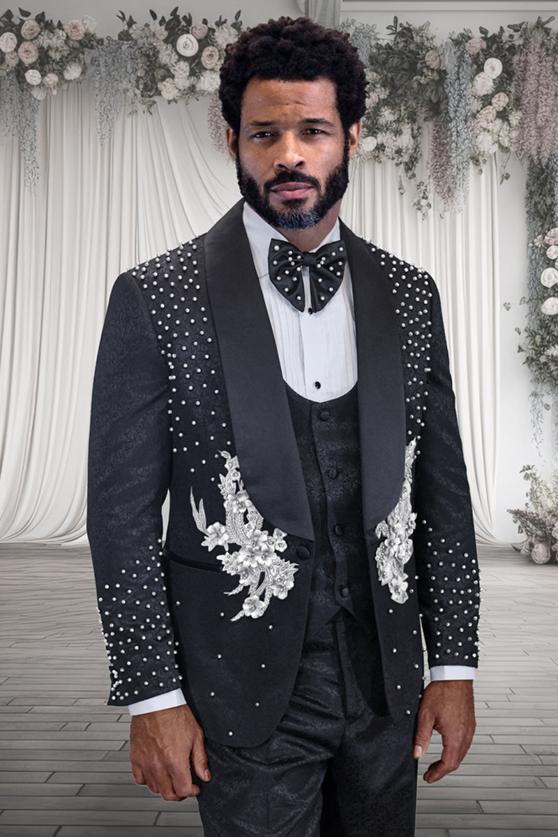 Men’s Designer High Fashion Vested Studded Floral Paisley Prom & Wedding Tuxedo in Black & Silver