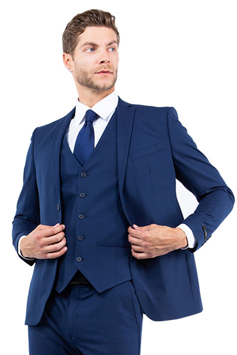 Men’s One Button Vested Slim Fit Business & Wedding Suit in Navy Blue