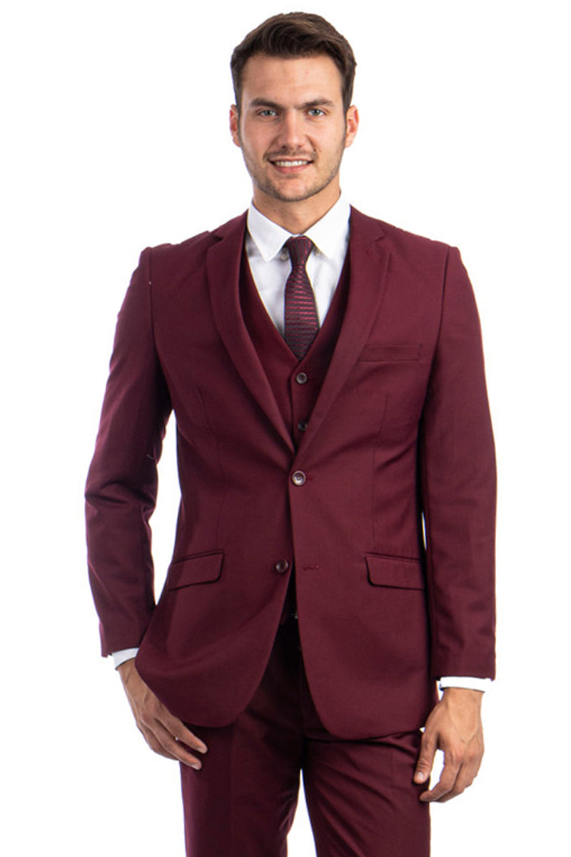 Men’s Two Button Basic Hybrid Fit Vested Suit in Burgundy