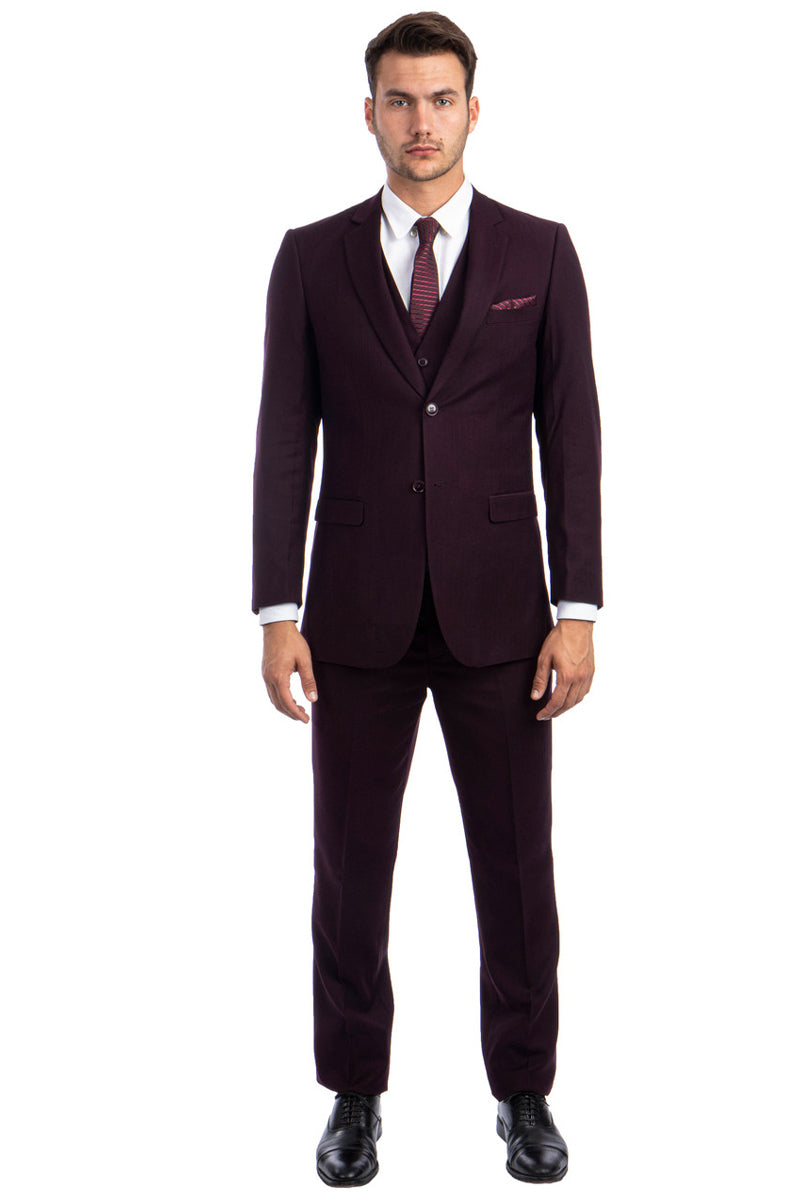 Men’s Modern Fit Vested Business Suit in Burgundy Tonal Shadow Pinstripe