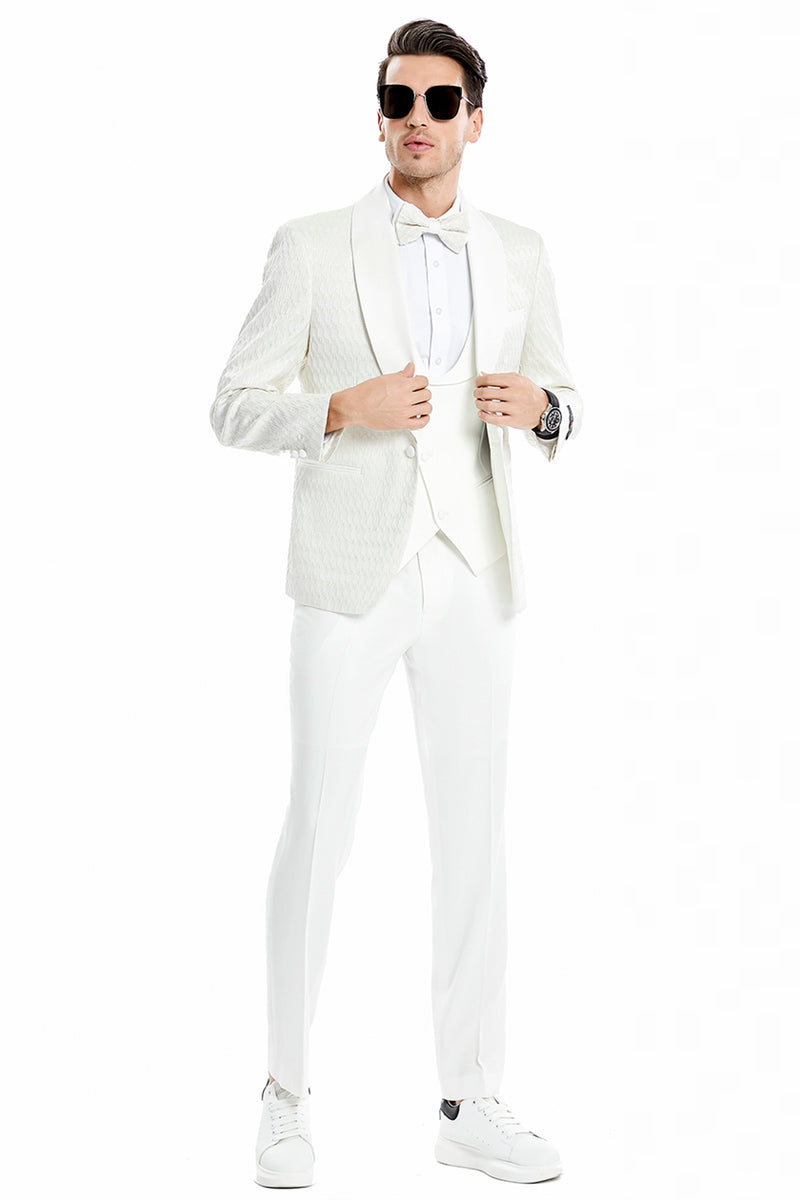Men’s One Button Vested Honeycomb Lace Design Wedding & Prom Tuxedo in Ivory