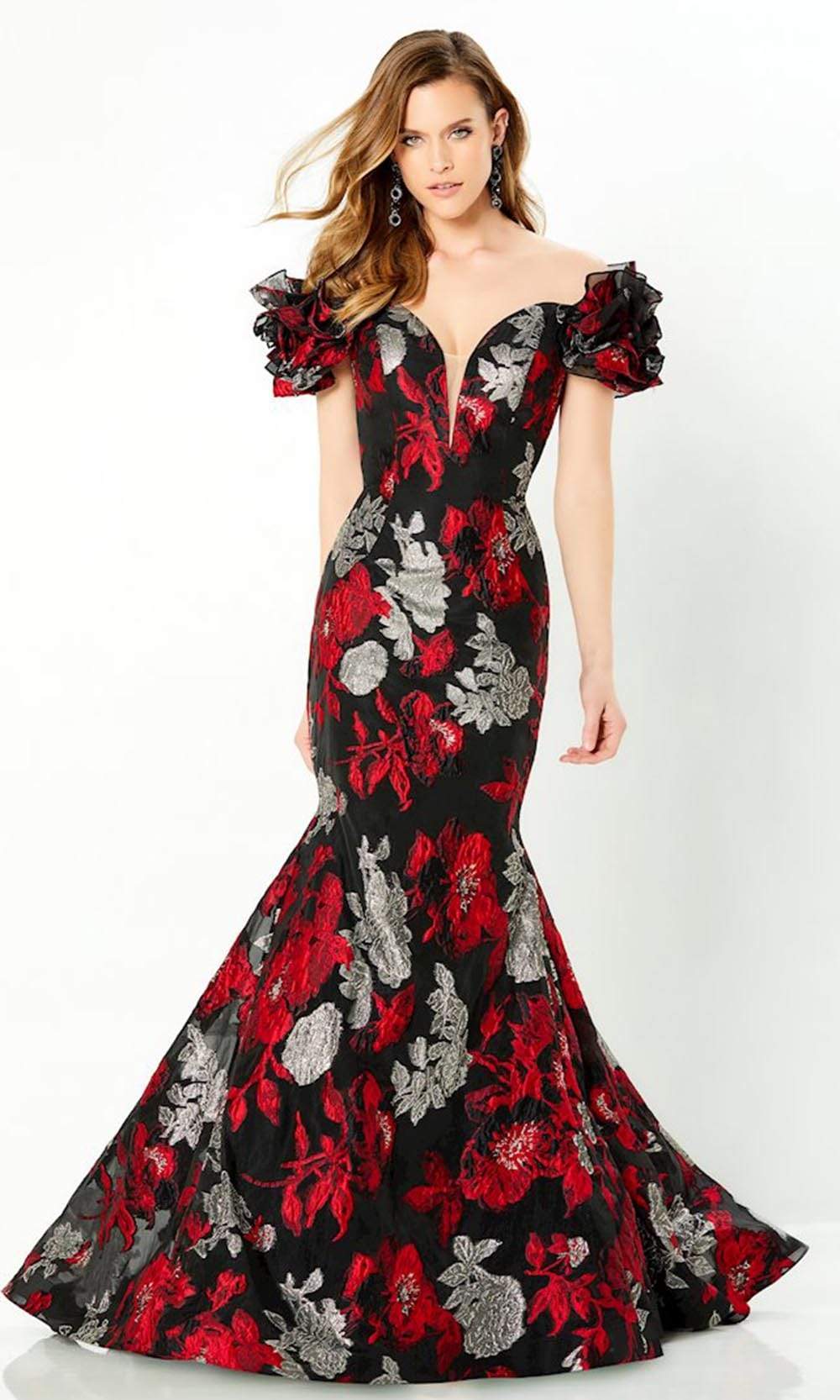 220952 Floral Deep Off-Shoulder Gown