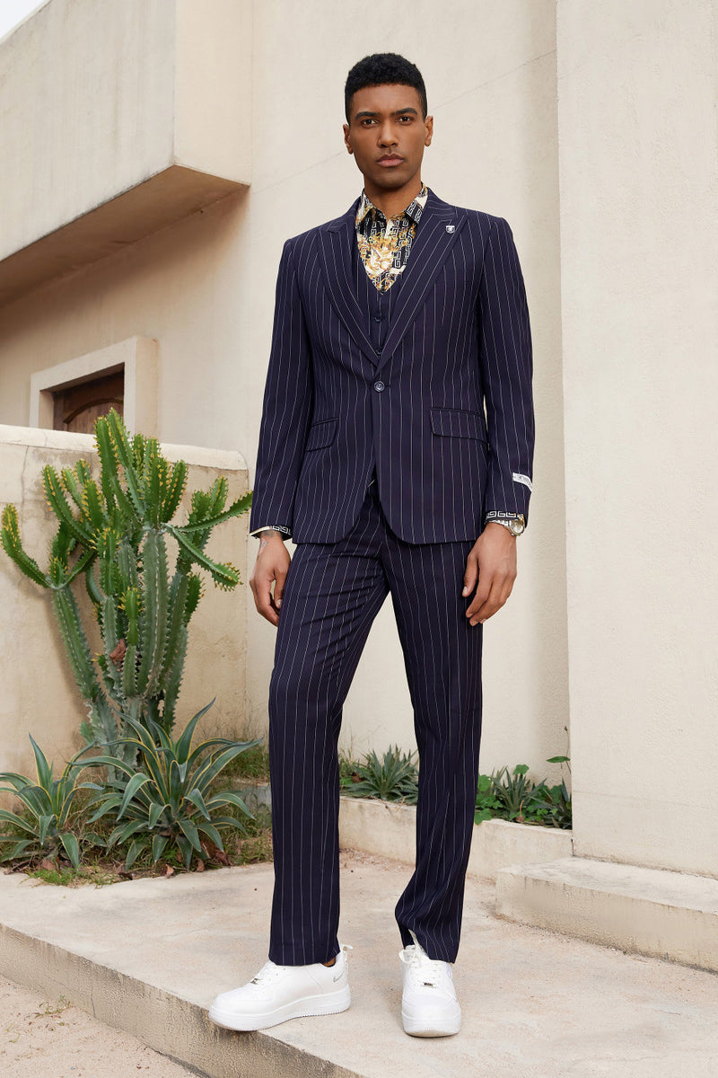 Men’s Stacy Adam’s One Button Vested Modern Suit in Midnight Navy Blue Pinstripe