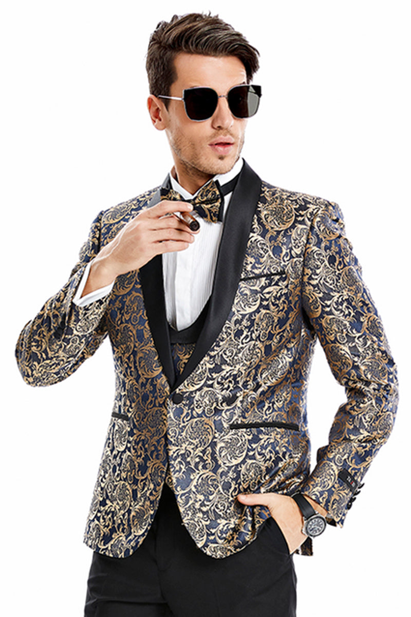Men’s One Button Vested Prom & Wedding Shawl Tuxedo in Navy Blue & Gold Paisley