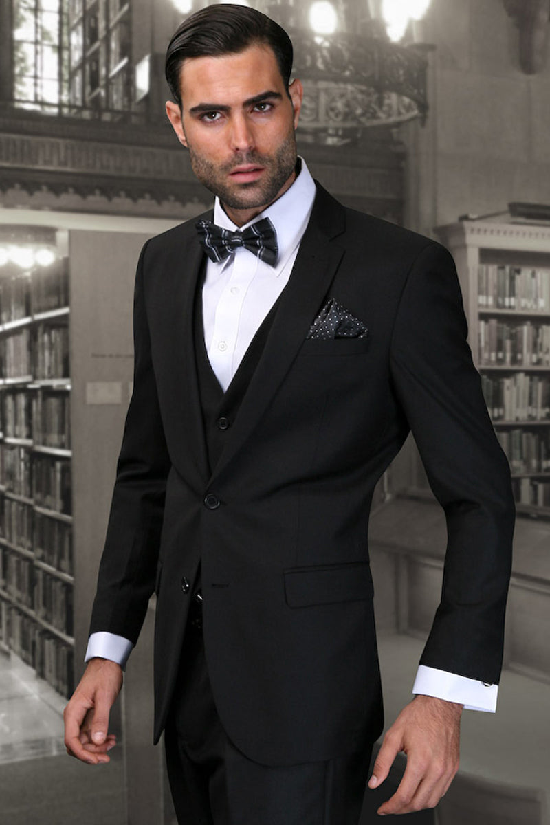 Men’s Designer Slim Fit Vested Wool Wedding Suit in Black
