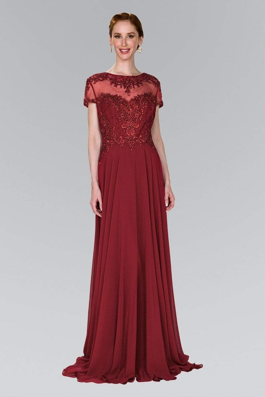 GL2406 Short Sleeve Illusion Lace Ornate Chiffon Gown