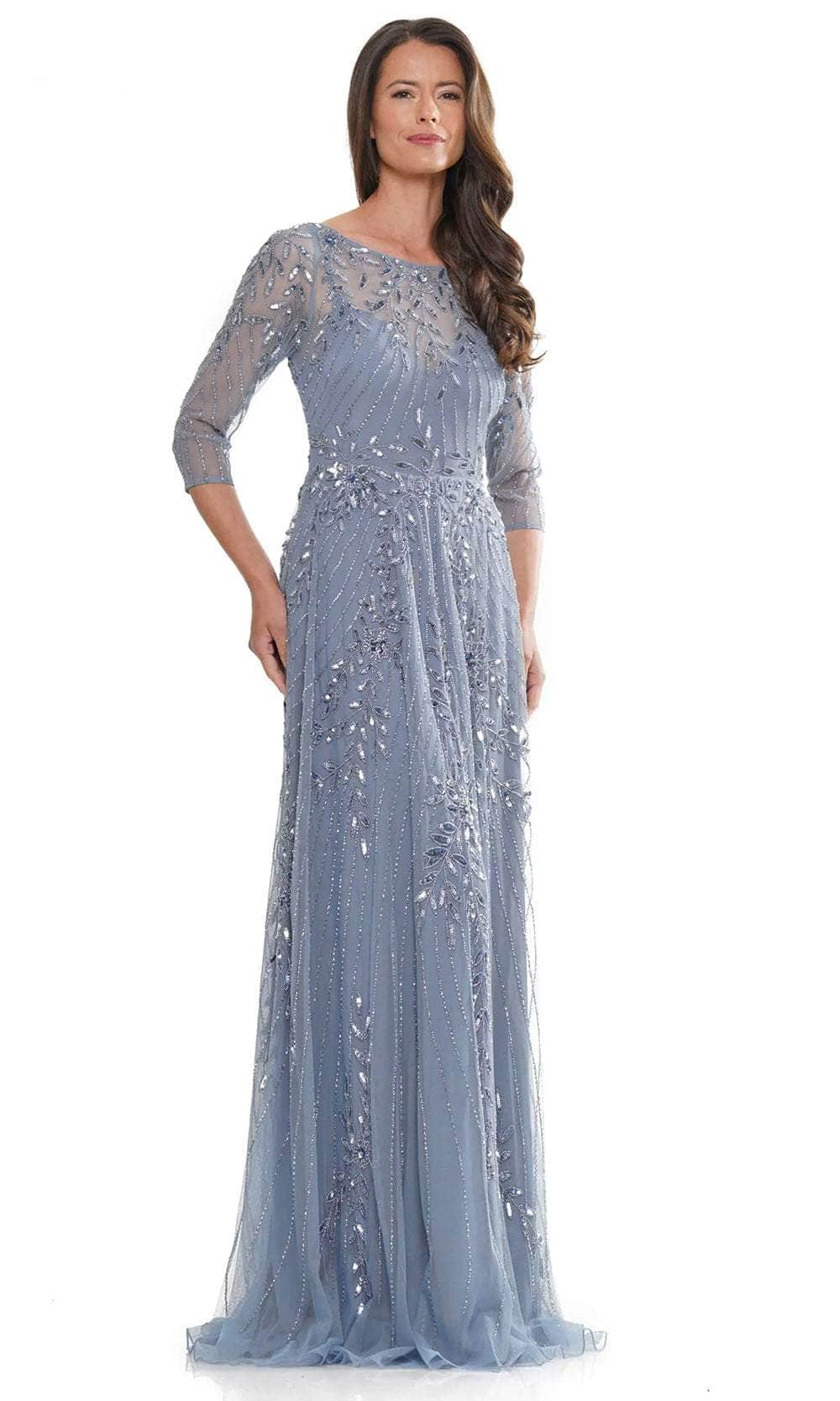 Sheer Quarter Sleeve Embellished Evening Dress