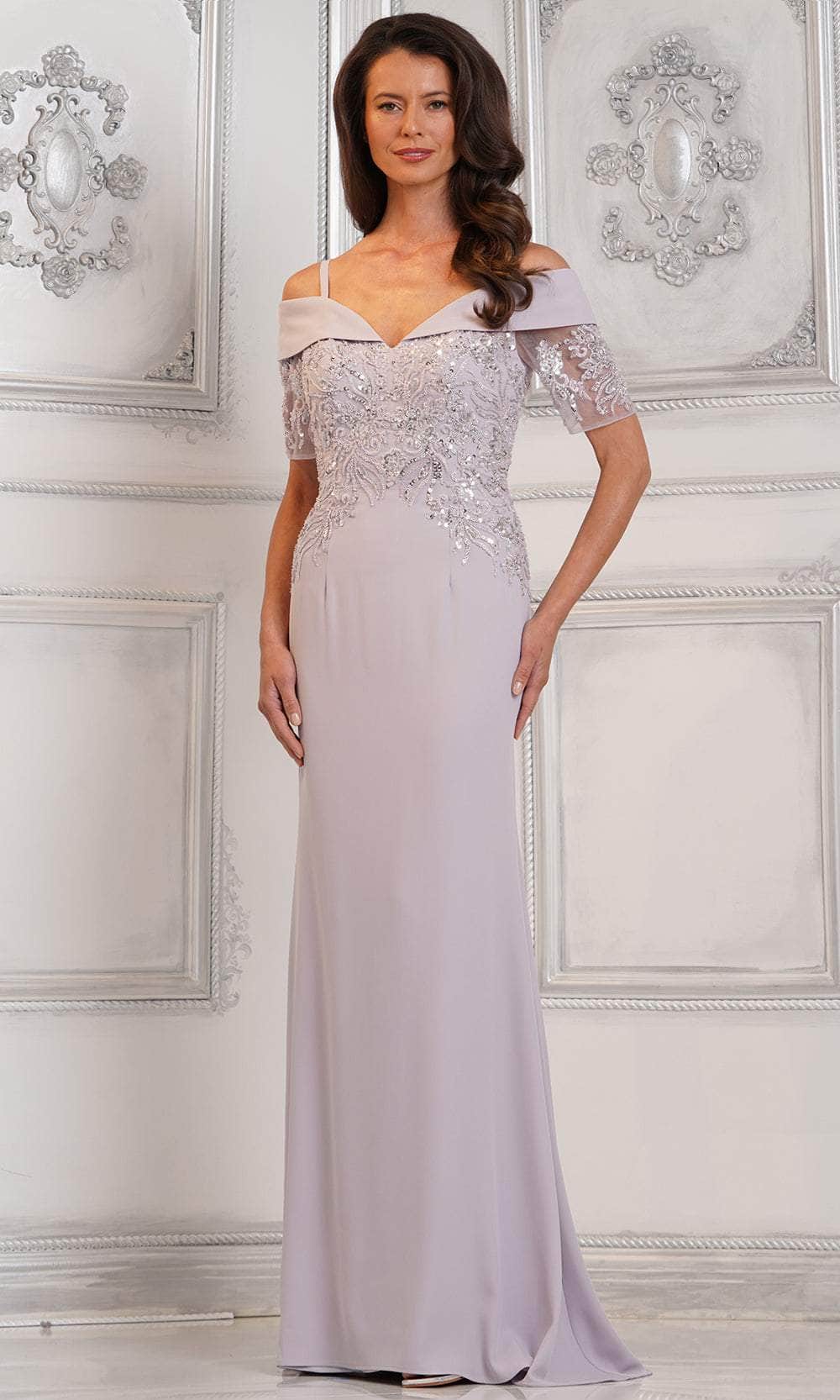 Off Shoulder Illusion Sleeve Formal Gown
