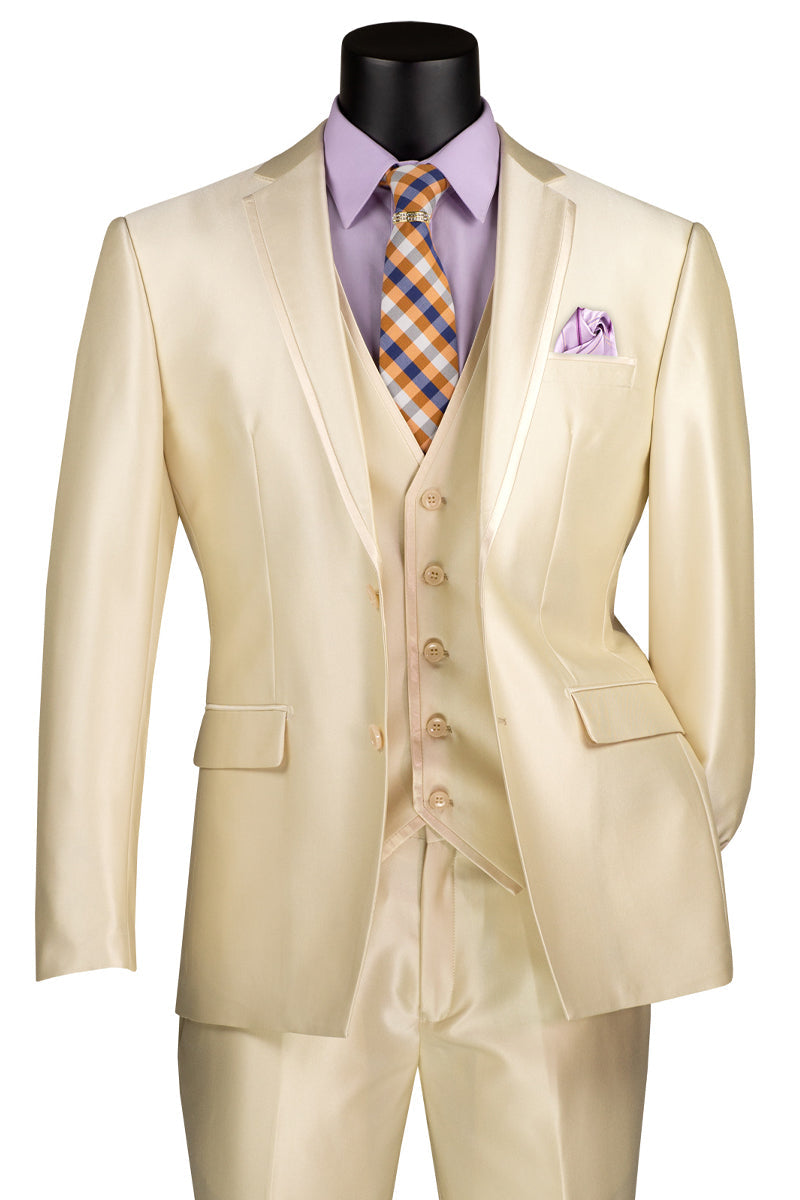 Men’s Vested Slim Fit Shiny Sharkskin Wedding & Prom Tuxedo Suit in Champagne Beige